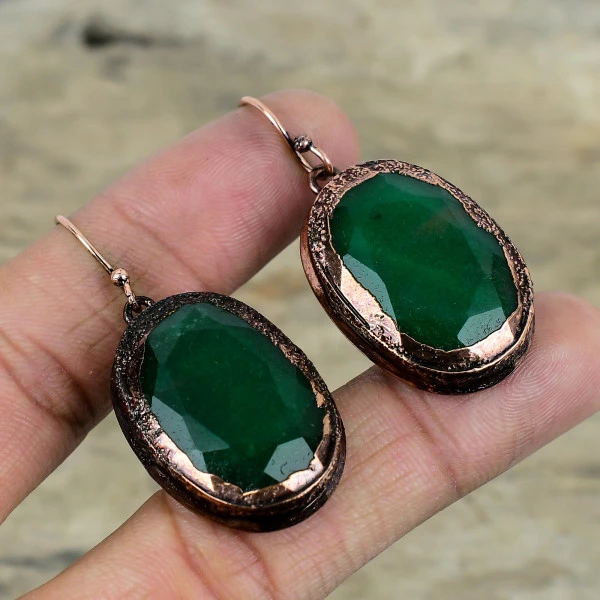 Zambian Emerald Oval Green Handmade Copper Electroformed Earring