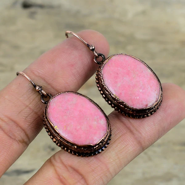 Thulite Oval Pink Handmade Copper Electroformed Earring