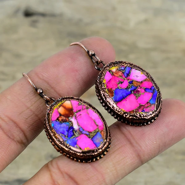 Natural Kingman Pink Dahlia Turquoise Oval Pink Handmade Copper Electroformed Earring