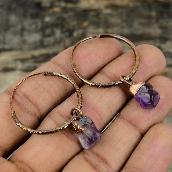 African Amethyst Rough Radiant Purple Handmade Copper Electroformed Earring