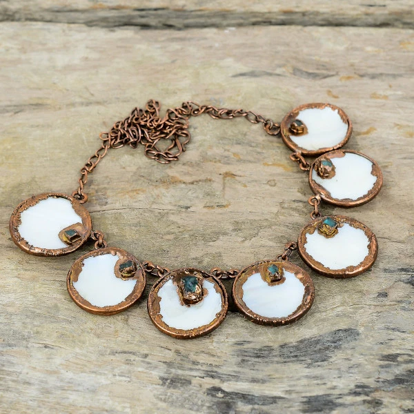 Mother Of Pearl Round White Handmade Copper Electroformed Necklace