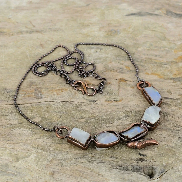 Rainbow Moonstone Rough Radiant White Handmade Copper Electroformed Necklace