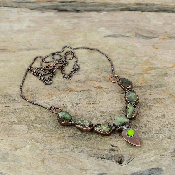 Green Tourmaline Rough Pentagon Green Handmade Copper Electroformed Necklace