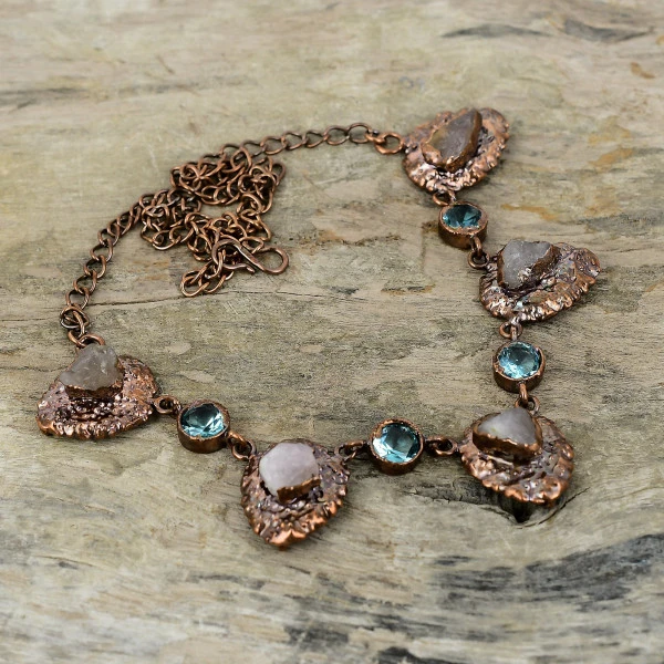 Rose Quartz Rough Trillion Pink Handmade Copper Electroformed Necklace
