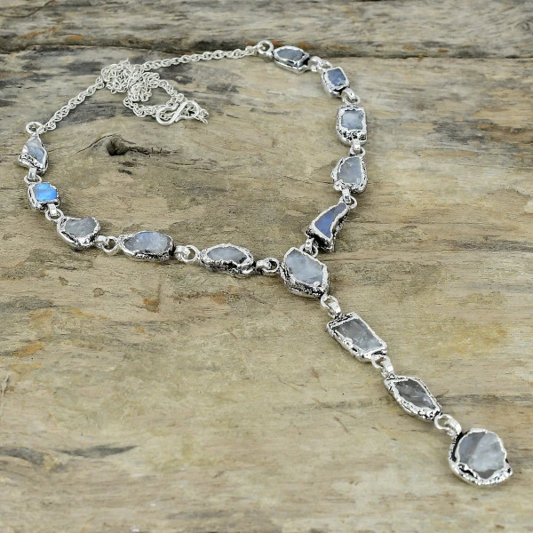 Rainbow Moonstone Rough Radiant White Handmade Copper Electroformed Necklace