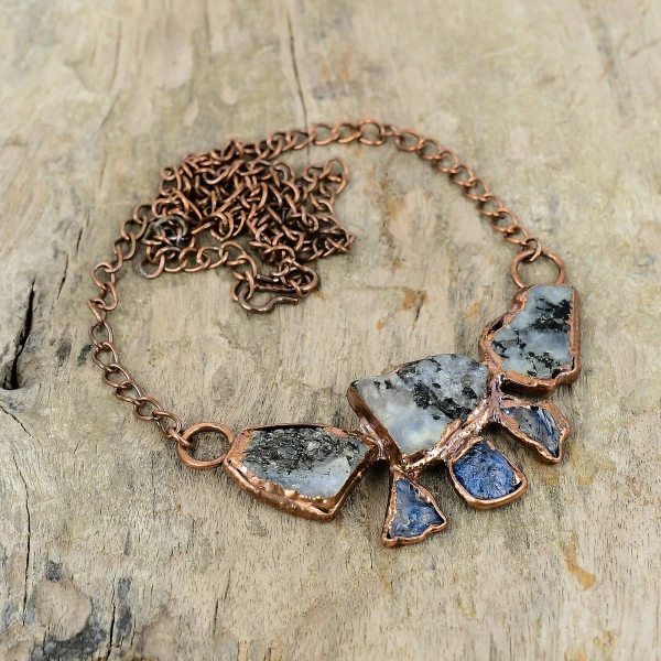 Rainbow Moonstone Rough Trillion White Handmade Copper Electroformed Necklace