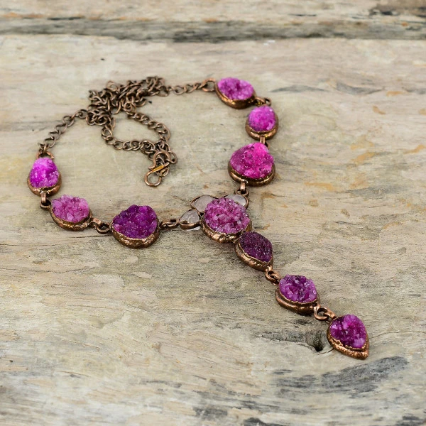 Pink Druzy Round Pink Handmade Copper Electroformed Necklace