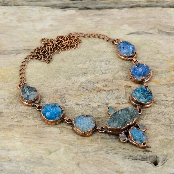 Blue Druzy Round Blue Handmade Copper Electroformed Necklace