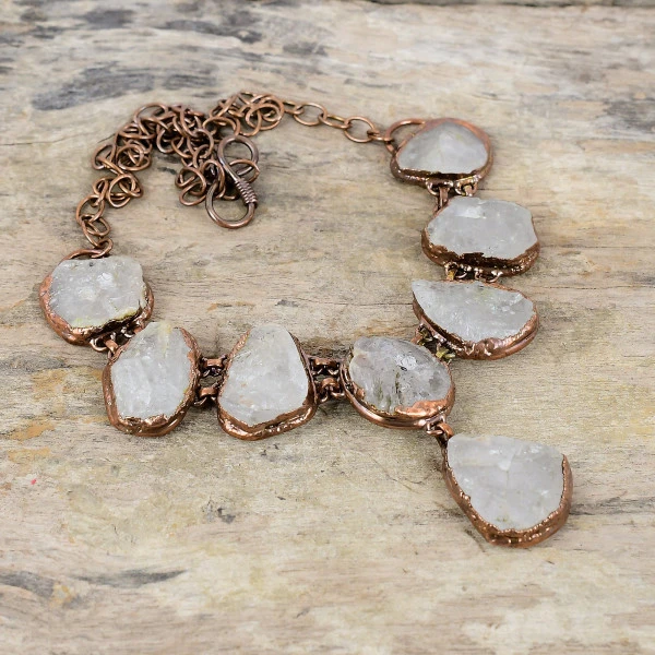 Rainbow Moonstone Rough Pear White Handmade Copper Electroformed Necklace