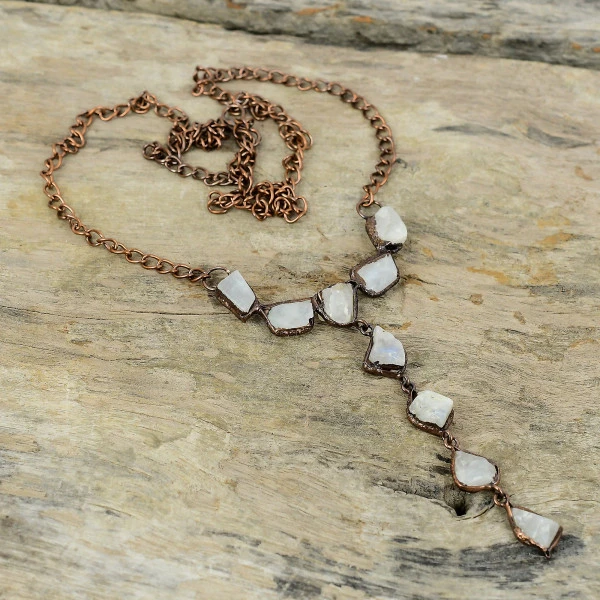 Rainbow Moonstone Rough Trillion White Handmade Copper Electroformed Necklace
