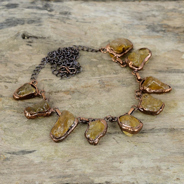 Citrine Rough Pentagon Yellow Handmade Copper Electroformed Necklace