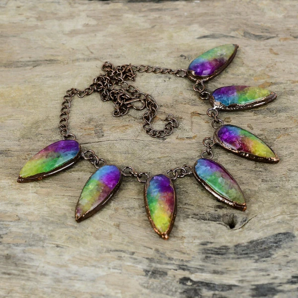 Rainbow Solar Quartz Druzy Pear Yellow Handmade Copper Electroformed Necklace