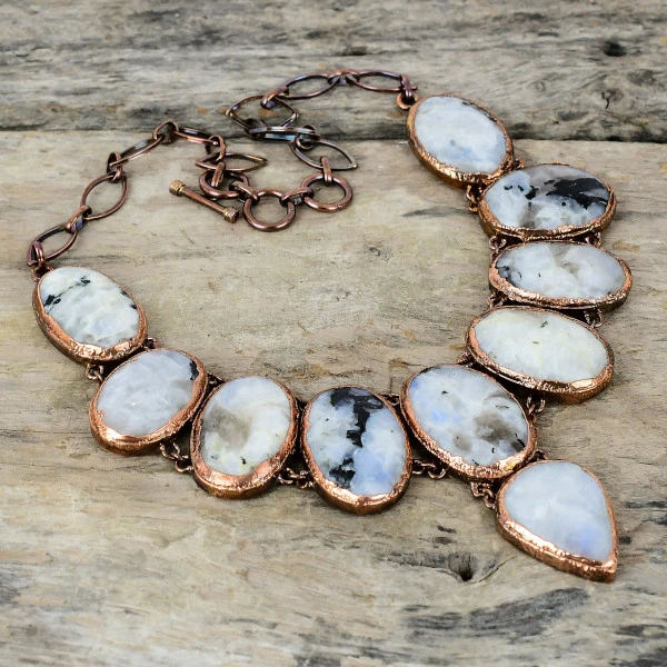 Rainbow Moonstone Oval White Handmade Copper Electroformed Necklace