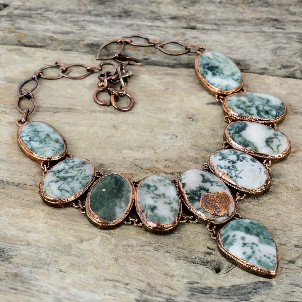 Tree Agate Oval Green Handmade Copper Electroformed Necklace