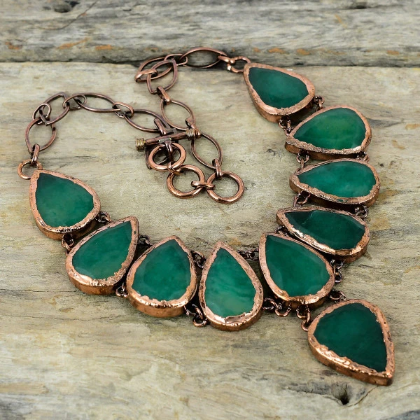 Zambian Emerald Pear Green Handmade Copper Electroformed Necklace