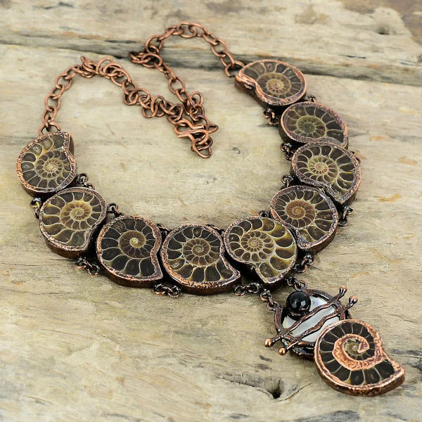 Ammonite Fossil Pear Brown Handmade Copper Electroformed Necklace