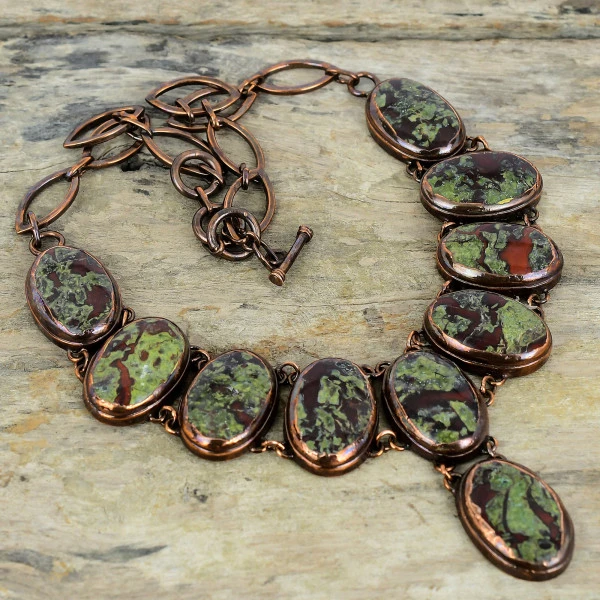 Dragon Bloodstone Oval Green Handmade Copper Electroformed Necklace