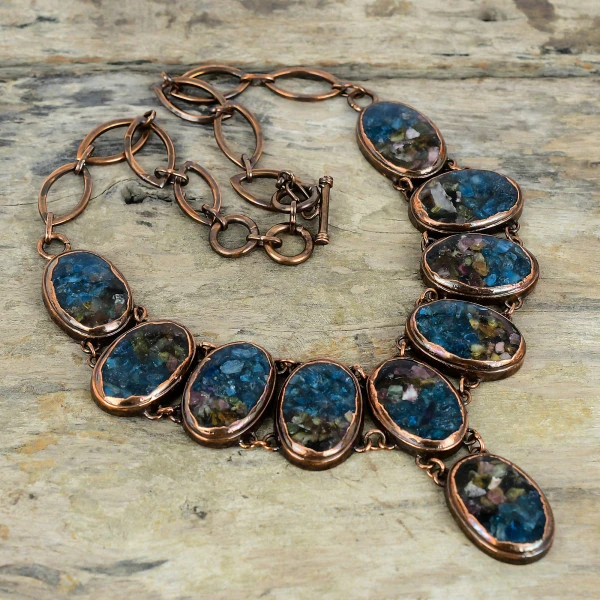 Watermelon Tourmaline Oval Blue Handmade Copper Electroformed Necklace