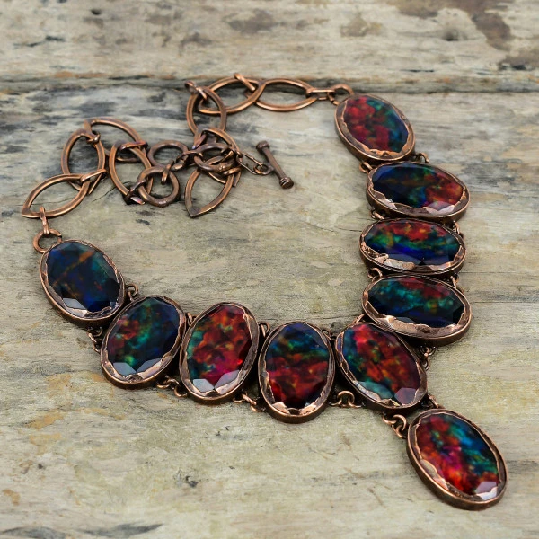 Ammolite Oval Red Handmade Copper Electroformed Necklace