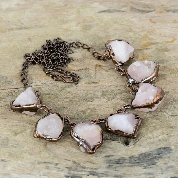 Rose Quartz Rough Pear Pink Handmade Copper Electroformed Necklace