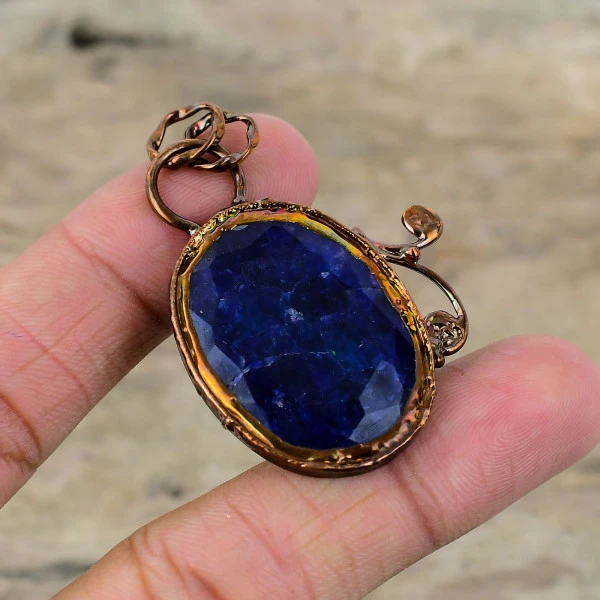 Faceted Blue Sapphire Pendant Electroformed Copper Jewelry Real Gemstone Pendant