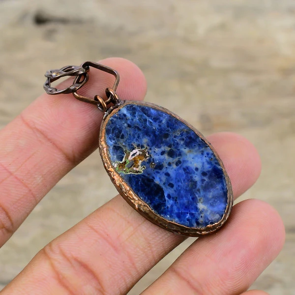 Sodalite Gemstone Pendant Electroformed Copper Handmade Jewelry Designer Pendant