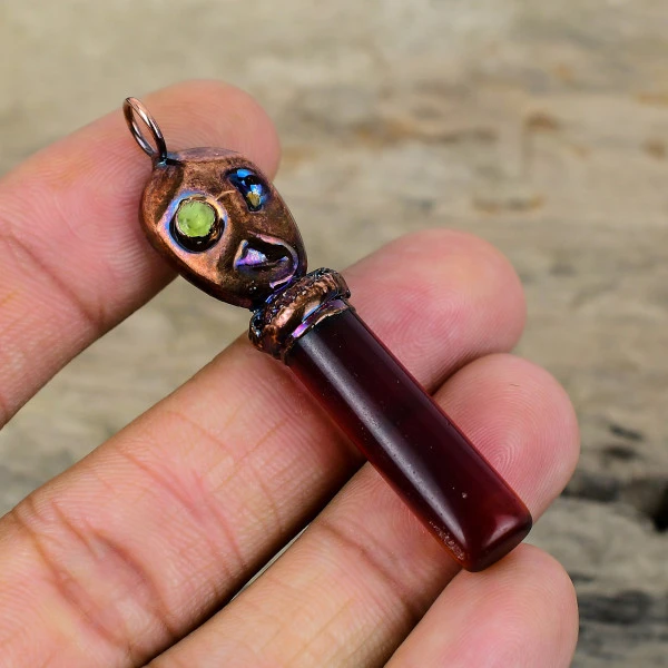 Carnelian Natural Gemstone Pendant Electroformed Copper Green Tourmaline Pendant
