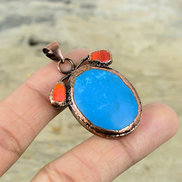 Sleeping Beauty Turquoise & Red Coral Pendant Electroformed Copper Decent Jewelry