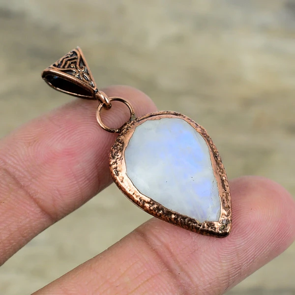 Rainbow Moonstone Pendant Electroformed Copper Gemstone Pendant Designer Jewelry