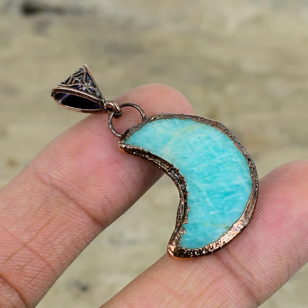 Amazonite Pendant Electroformed Copper Gemstone Jewelry Crescent Moon Pendant