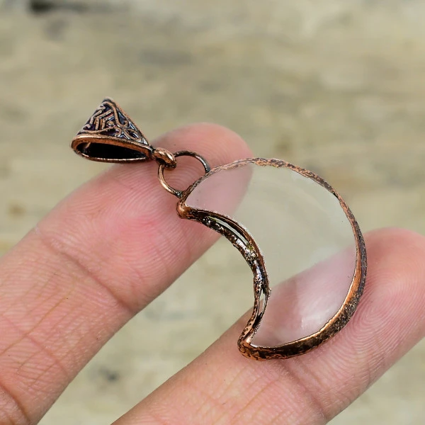 Crystal Pendant Electroformed Copper Gemstone Pendant Crescent Moon Pendant