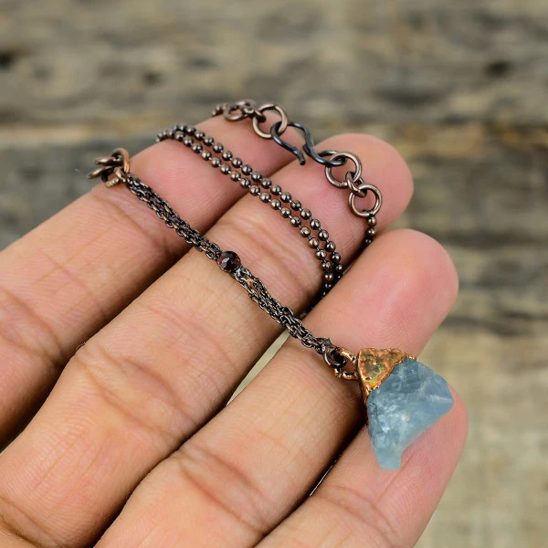 Aquamarine Rough Gemstone Pendant Electroformed Copper Mozambique Garnet Pendant