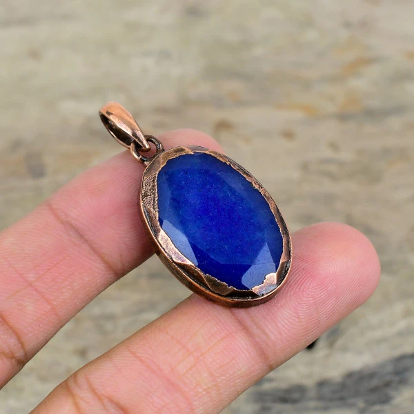 Faceted Blue Sapphire Pendant Electroformed Copper Gemstone Pendant Gift For Him