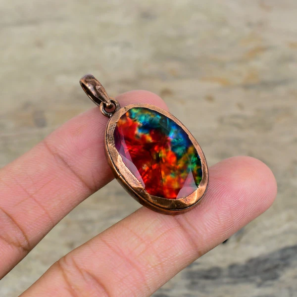 Faceted Ammolite Pendant Electroformed Copper Pendant Gemstone Handmade Jewelry