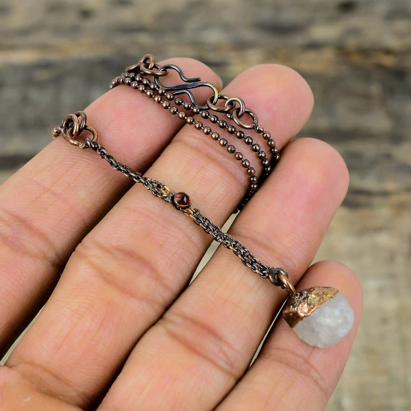Rainbow Moonstone Rough Electroformed Copper Pendant Mozambique Garnet Pendant