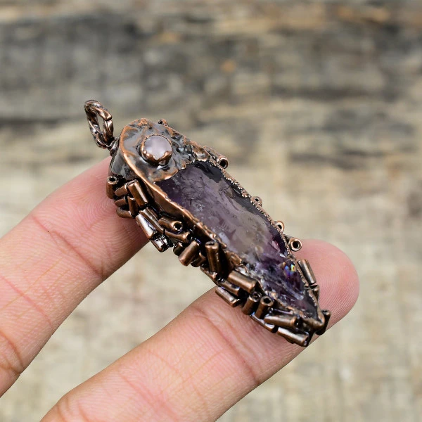 African Amethyst Rough Pendant Electroformed Copper Jewelry Rose Quartz Pendant