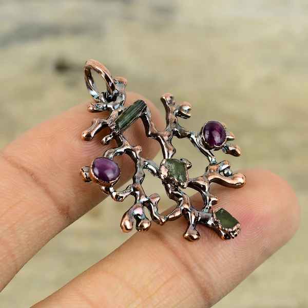 Multi Tourmaline Rough Pendant Electroformed Copper Pendant Real Gemstone Jewelry