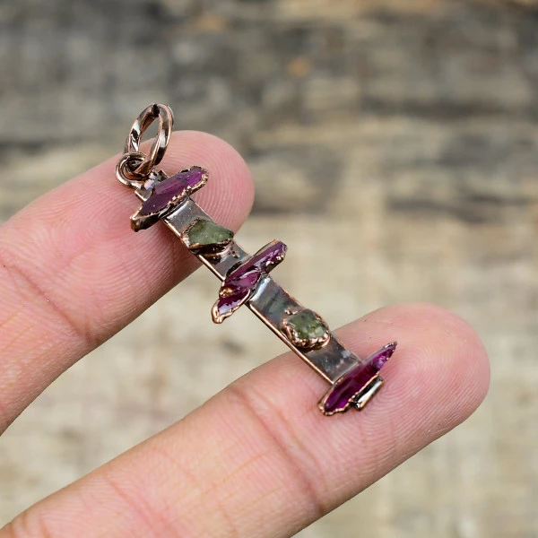 Pink And Green Tourmaline Rough Pendant Electroformed Copper Gemstone Pendant