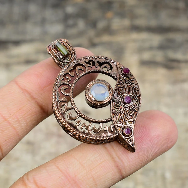 Faceted Milky Opal Gemstone Pendant Pink Tourmaline Electroformed Copper Pendant