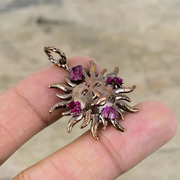 Pink Tourmaline Rough Pendant Sun Pendant Electroformed Copper Gemstone Jewelry