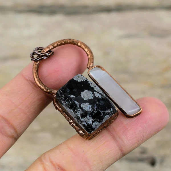 Snowflake Obsidian Rough Pendant Electroformed Copper Mother Of Pearl Pendant