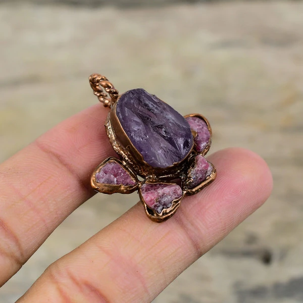 African Amethyst Rough Pendant Electroformed Copper Pink Tourmaline Rough Pendant