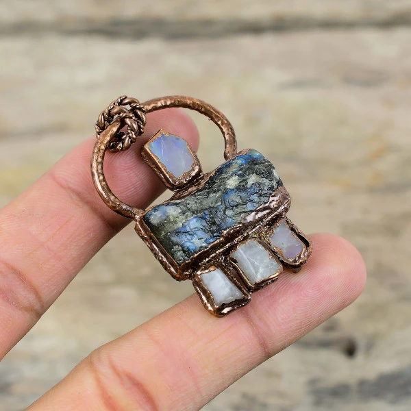 Labradorite Rough Pendant Electroformed Copper Rainbow Moonstone Rough Pendant