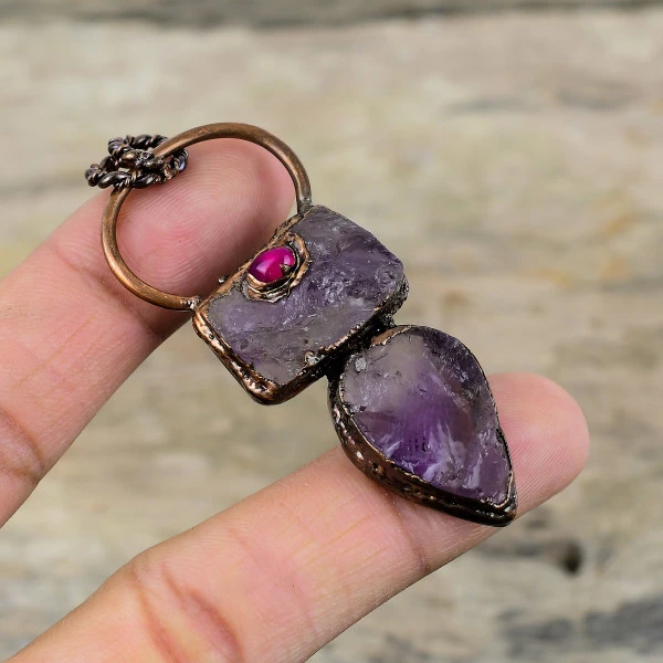African Amethyst Rough And Pink Tourmaline Pendant Electroformed Copper Jewelry 