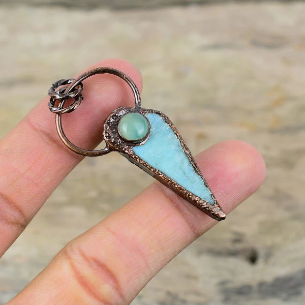 Larimar Gemstone Pendant Electroformed Copper Prehnite Jewelry Handmade Pendant