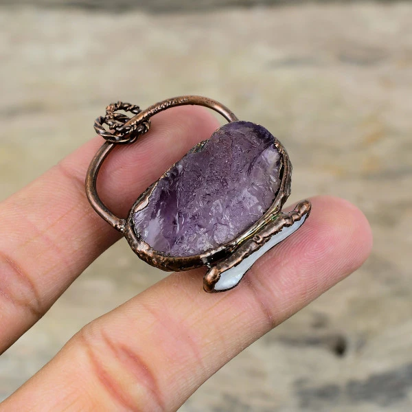 African Amethyst Rough Pendant Electroformed Copper Jewelry Biwa Pearl Pendant