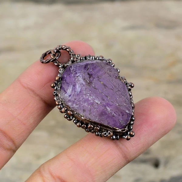 African Amethyst Rough Pendant Electroformed Copper Jewelry Real Gemstone Pendant