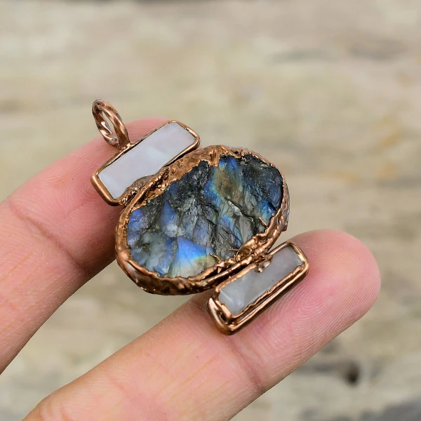 Labradorite Rough Pendant Mother Of Pearl Pendant Electroformed Copper Jewelry