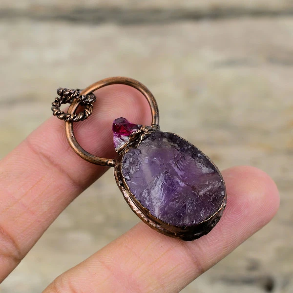 African Amethyst Rough & Pink Tourmaline Pendant Electroformed Copper Jewelry