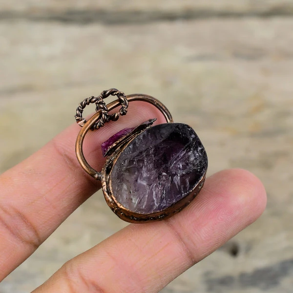 African Amethyst Rough Pendant Electroformed Copper Pink Tourmaline Rough Pendant